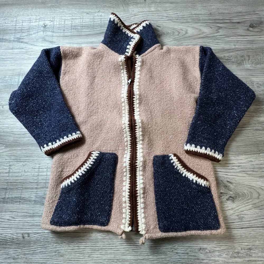 Handmade Zip Up Sweater Mens M Tan Navy Wool Blend Crochet Trim Ecuador Knit